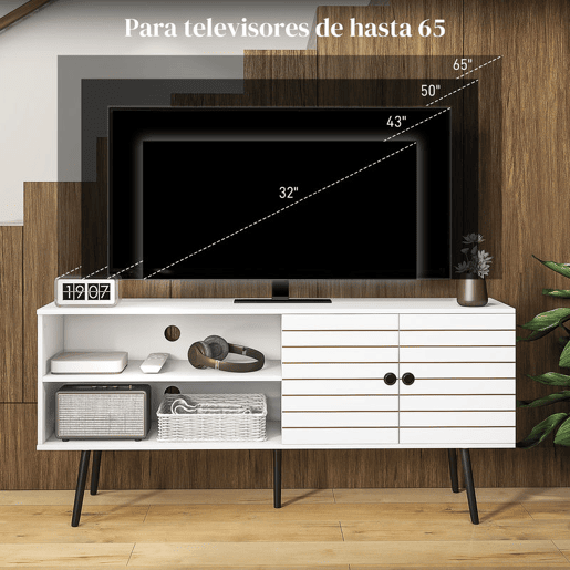 HOMCOM Móvel de TV para Televisores de até 65 Polegadas Móvel de TV para Sala com 2 Prateleiras Abertas 1 Armário com Portas e Orifícios para Cabos 145x38x65 cm Estilo Moderno Branco
