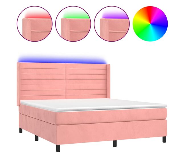 Cama box spring colchón y led terciopelo rosa 160x200 cm rayas horizontales