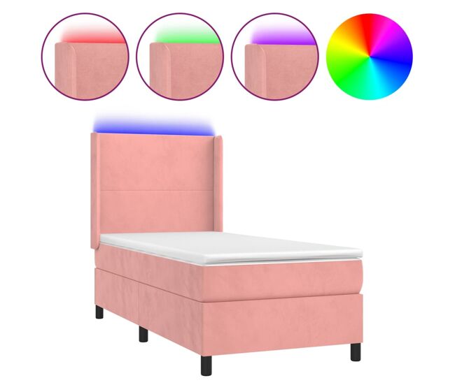 Cama box spring colchón y led terciopelo rosa 100x200 cm diseño plano