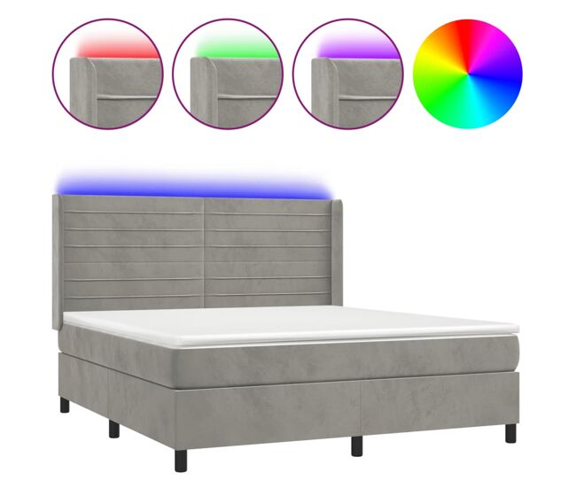 Cama box spring colchón y led terciopelo gris claro 160x200 cm rayas horizontales