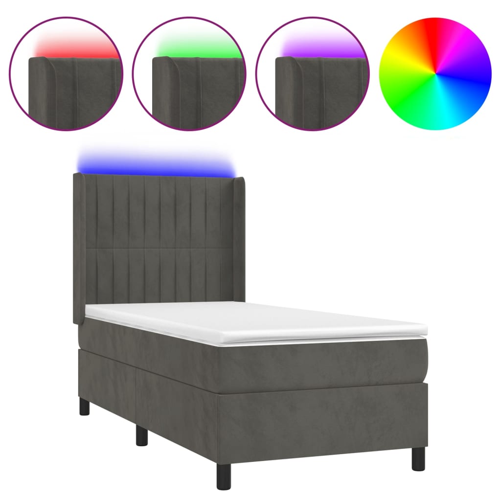 Cama box spring colchón y LED terciopelo - Rayas verticales 90x190 Gris Oscuro
