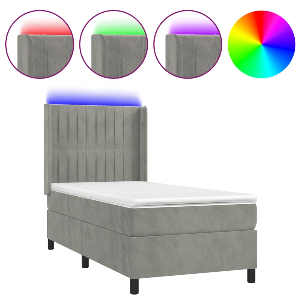 Cama box spring colchón y LED terciopelo - Rayas verticales 90x190 Gris Claro