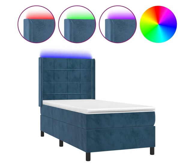 Cama box spring colchón y led terciopelo azul oscuro 100x200 cm bloques con cuadros