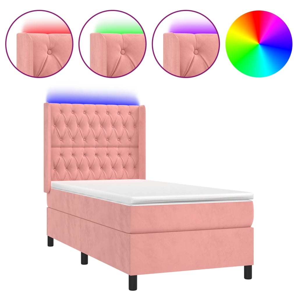 Cama box spring colchón y led terciopelo rosa 90x190 cm diseño de botones