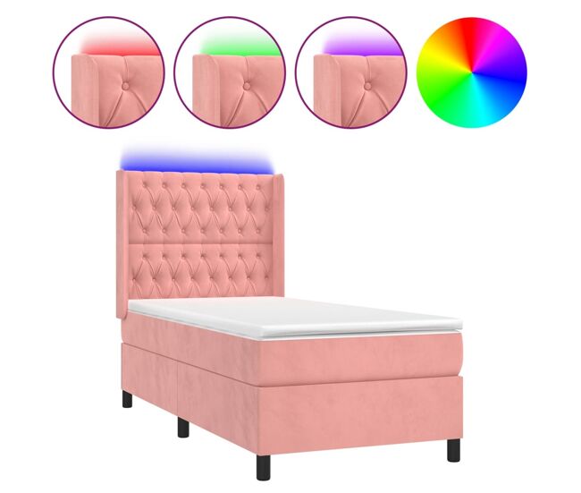 Cama box spring colchón y led terciopelo rosa 90x190 cm diseño de botones