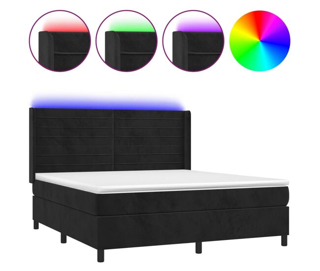 Cama box spring colchón y led terciopelo negro 160x200 cm rayas horizontales