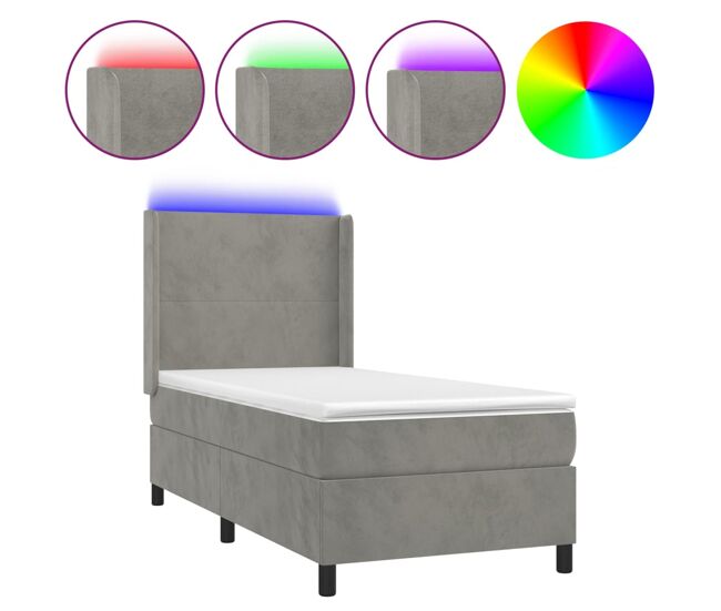 Cama box spring colchón y led terciopelo gris claro 100x200 cm diseño plano
