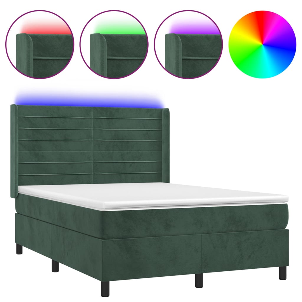 Cama box spring colchón y led terciopelo verde oscuro 140x200cm rayas horizontales