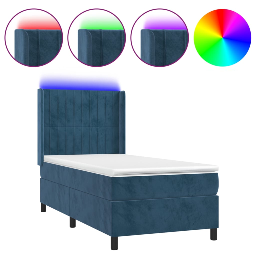 Cama box spring colchón y led terciopelo azul oscuro 100x200 cm rayas verticales