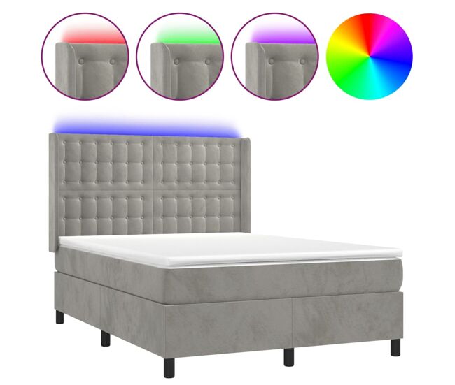 Cama box spring colchón y led terciopelo gris claro 140x190 cm botones