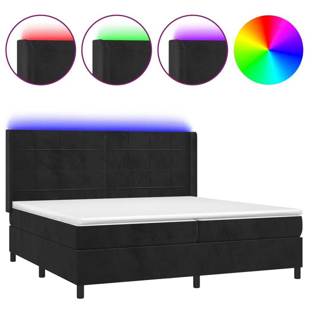 Cama box spring colchón y led terciopelo negro 200x200 cm bloques con cuadros