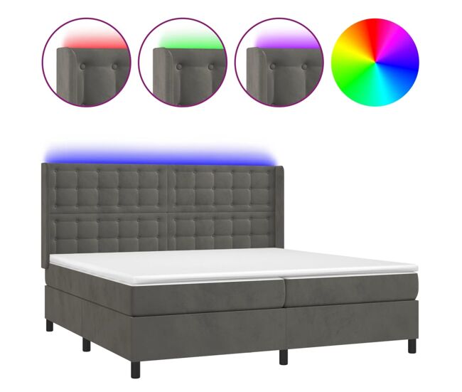 Cama box spring colchón y led terciopelo gris oscuro 200x200 cm botones