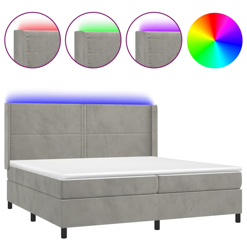 Cama box spring colchón y LED terciopelo - Liso con clavos 200x200 Gris Claro