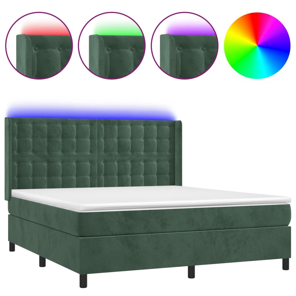Cama box spring colchón y led terciopelo verde oscuro 160x200cm botones
