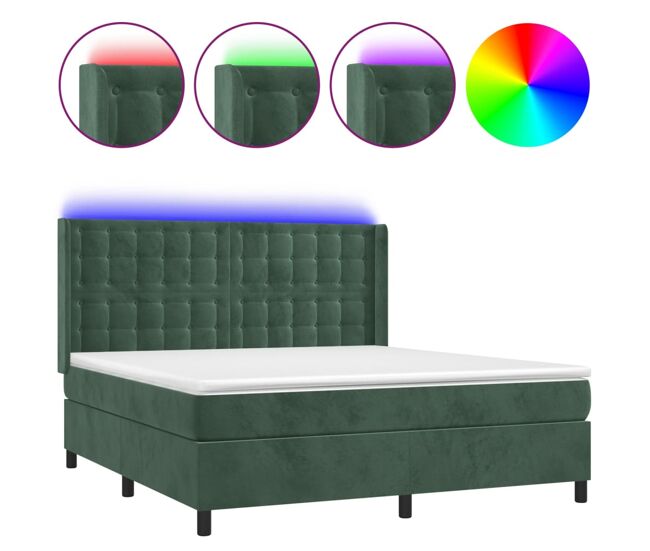 Cama box spring colchón y led terciopelo verde oscuro 160x200cm botones