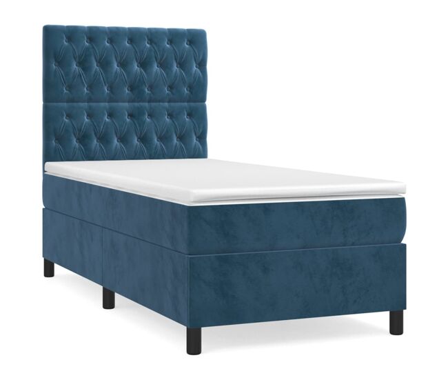 Cama box spring con colchón terciopelo azul oscuro 80x200 cm diseño de botones