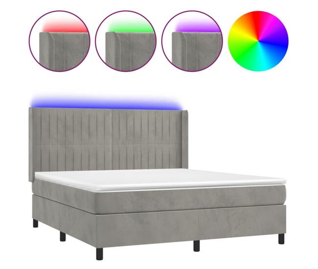 Cama box spring colchón y led terciopelo gris claro 180x200 cm rayas verticales