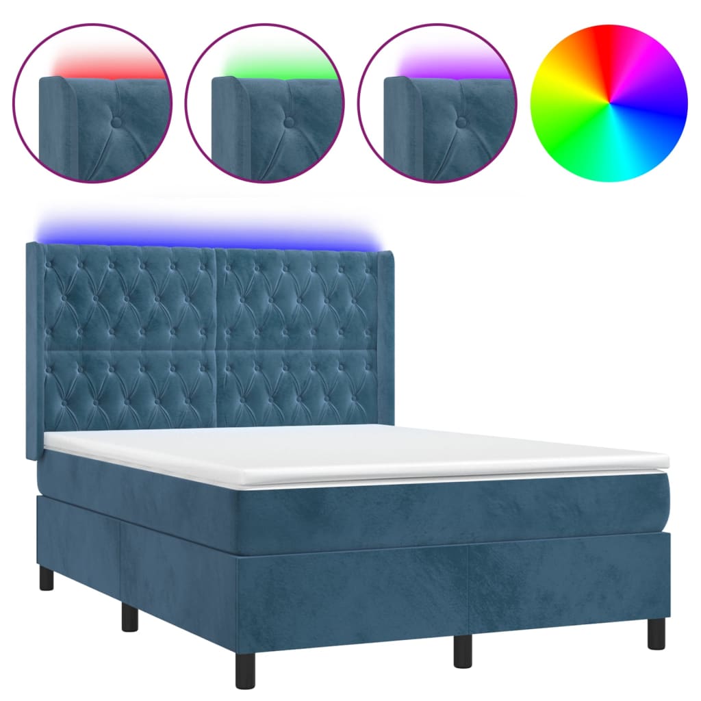 Cama box spring colchón y LED terciopelo - Diseño de botones 140x200 Azul