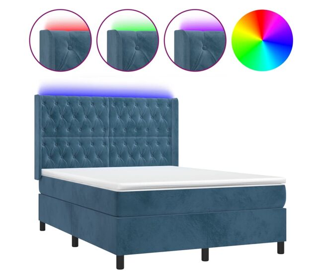 Cama box spring colchón y led terciopelo azul oscuro 140x200 cm diseño de botones