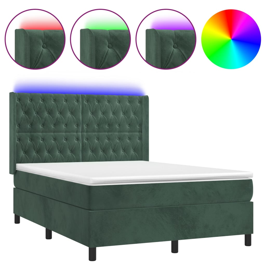 Cama box spring colchón y LED terciopelo - Diseño de botones 140x200 Verde