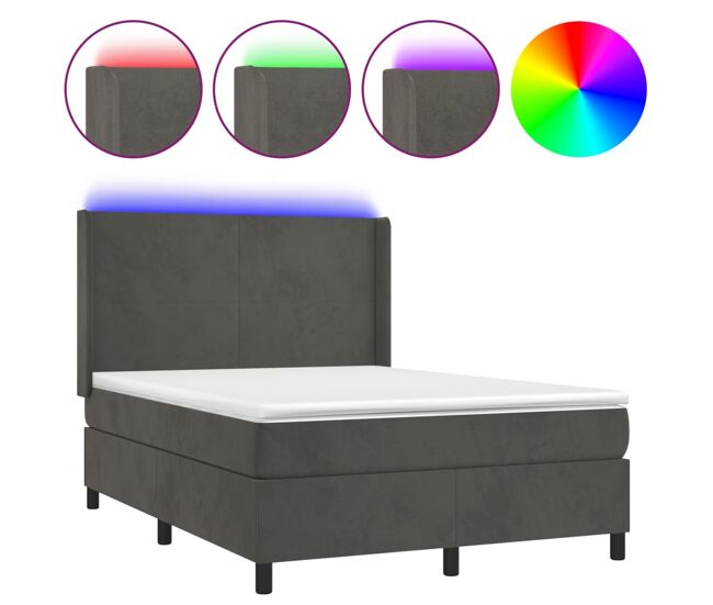 Cama box spring colchón y led terciopelo gris oscuro 140x200 cm diseño plano