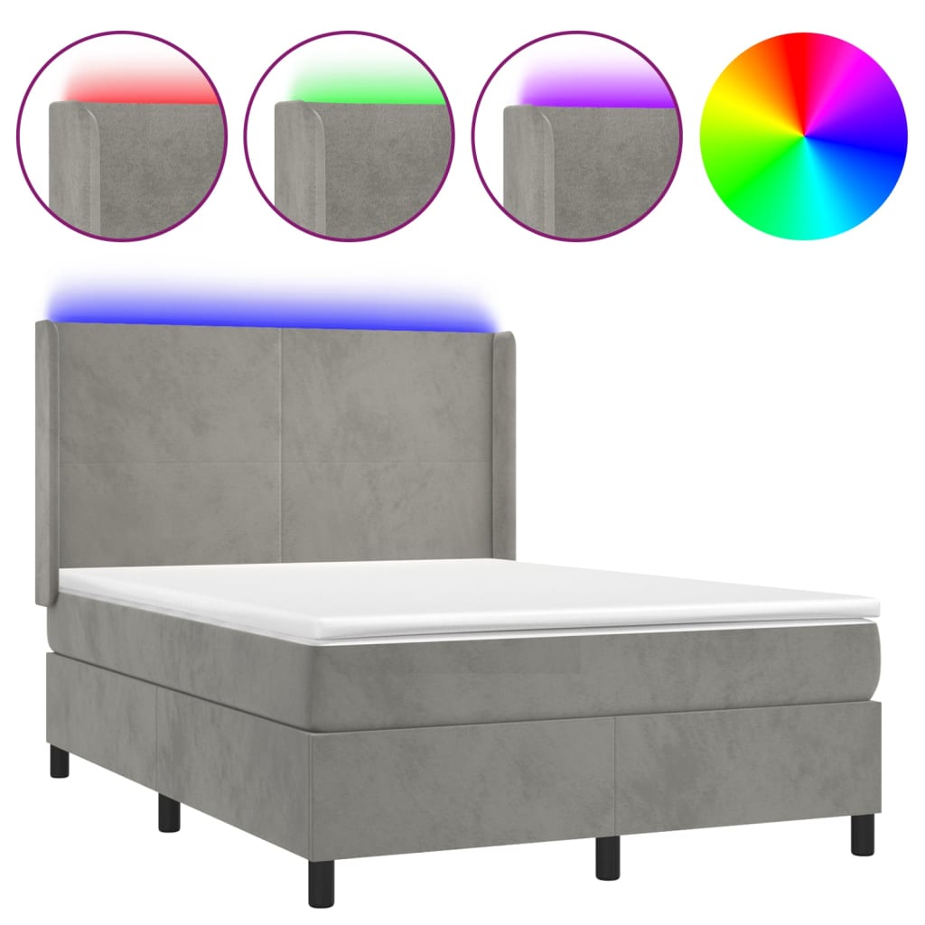 Cama box spring colchón y led terciopelo gris claro 140x190 cm diseño plano