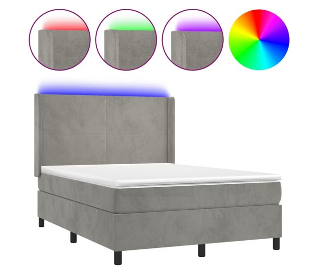 Cama box spring colchón y led terciopelo gris claro 140x190 cm diseño plano