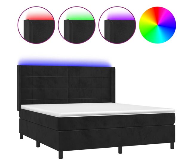 Cama box spring colchón y led terciopelo negro 180x200 cm bloques con cuadros