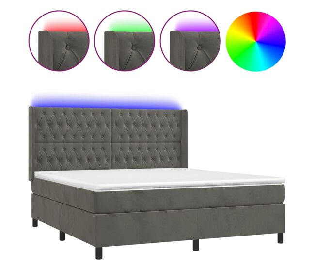 Cama box spring colchón y led terciopelo gris oscuro 180x200 cm diseño de botones
