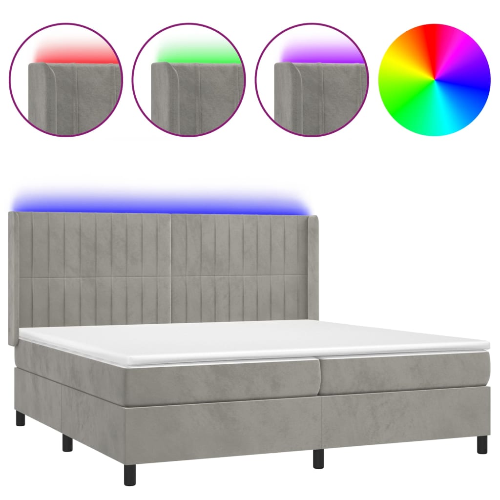 Cama box spring colchón y led terciopelo gris claro 200x200 cm rayas verticales
