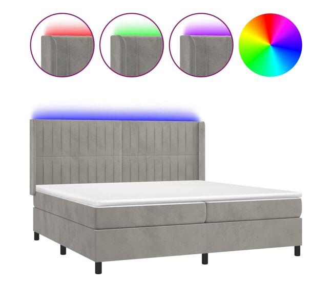 Cama box spring colchón y led terciopelo gris claro 200x200 cm rayas verticales