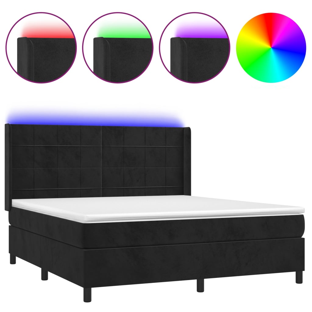 Cama box spring colchón y led terciopelo negro 160x200 cm bloques con cuadros
