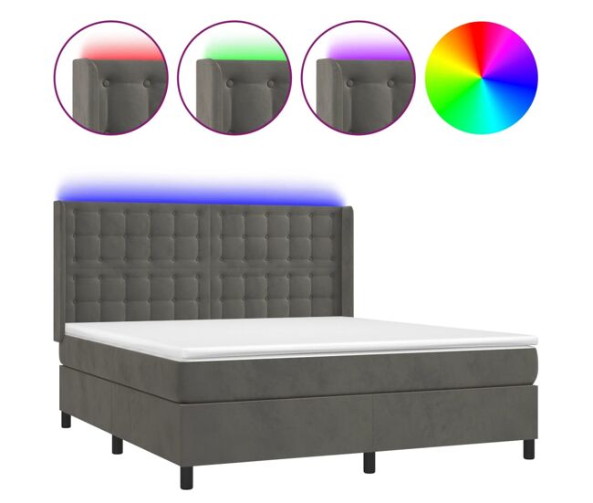 Cama box spring colchón y led terciopelo gris oscuro 160x200 cm botones