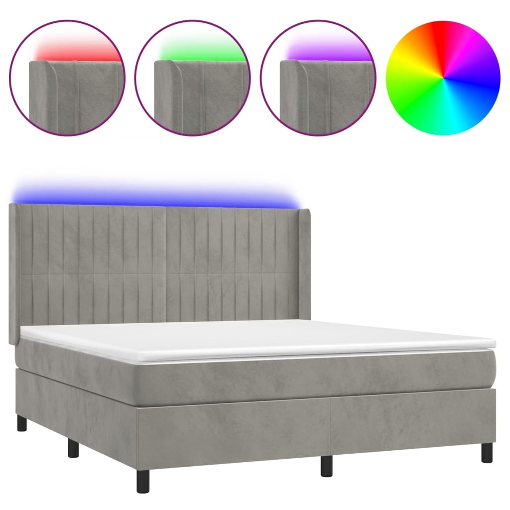 Cama box spring colchón y led terciopelo gris claro 160x200 cm rayas verticales