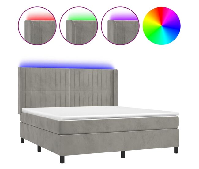 Cama box spring colchón y led terciopelo gris claro 160x200 cm rayas verticales