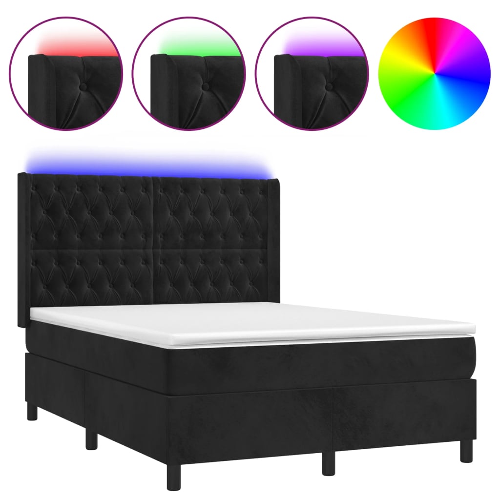 Cama box spring colchón y LED terciopelo - Diseño de botones 140x200 Negro