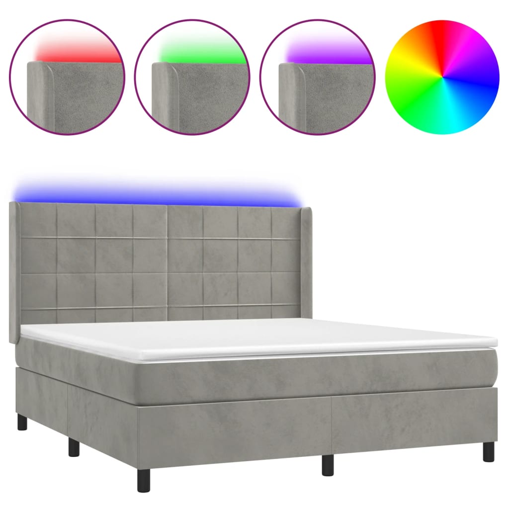 Cama box spring colchón y led terciopelo gris claro 180x200 cm bloques con cuadros