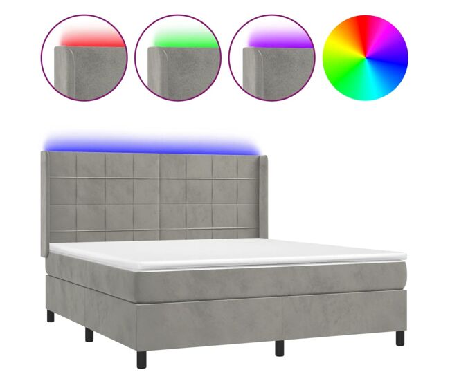 Cama box spring colchón y led terciopelo gris claro 180x200 cm bloques con cuadros