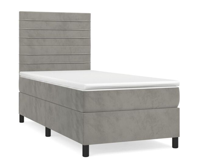 Cama box spring con colchón terciopelo gris claro 90x200 cm rayas horizontales