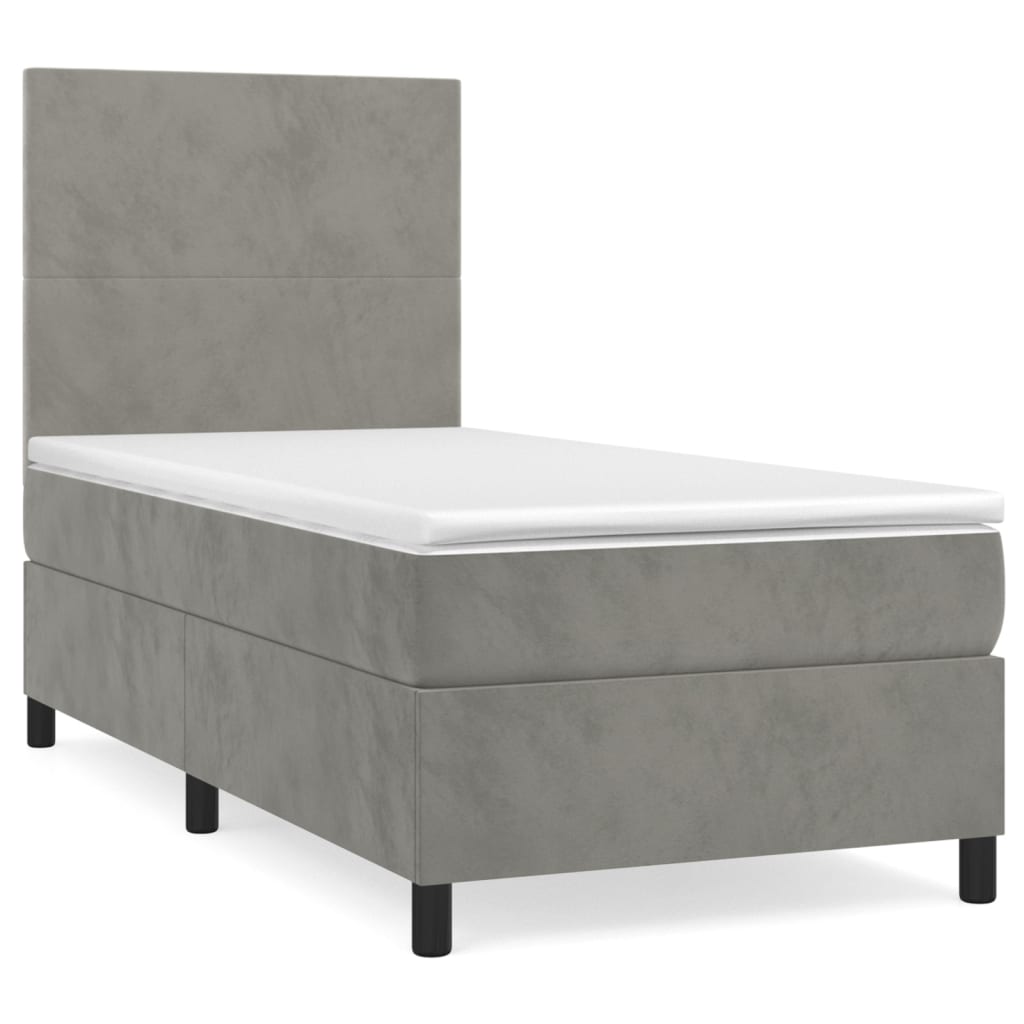 Cama box spring con colchón terciopelo gris claro 80x200 cm diseño plano