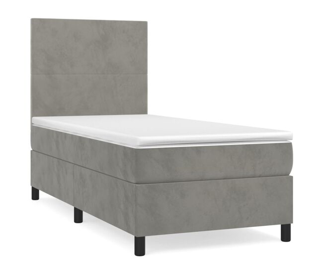 Cama box spring con colchón terciopelo gris claro 80x200 cm diseño plano