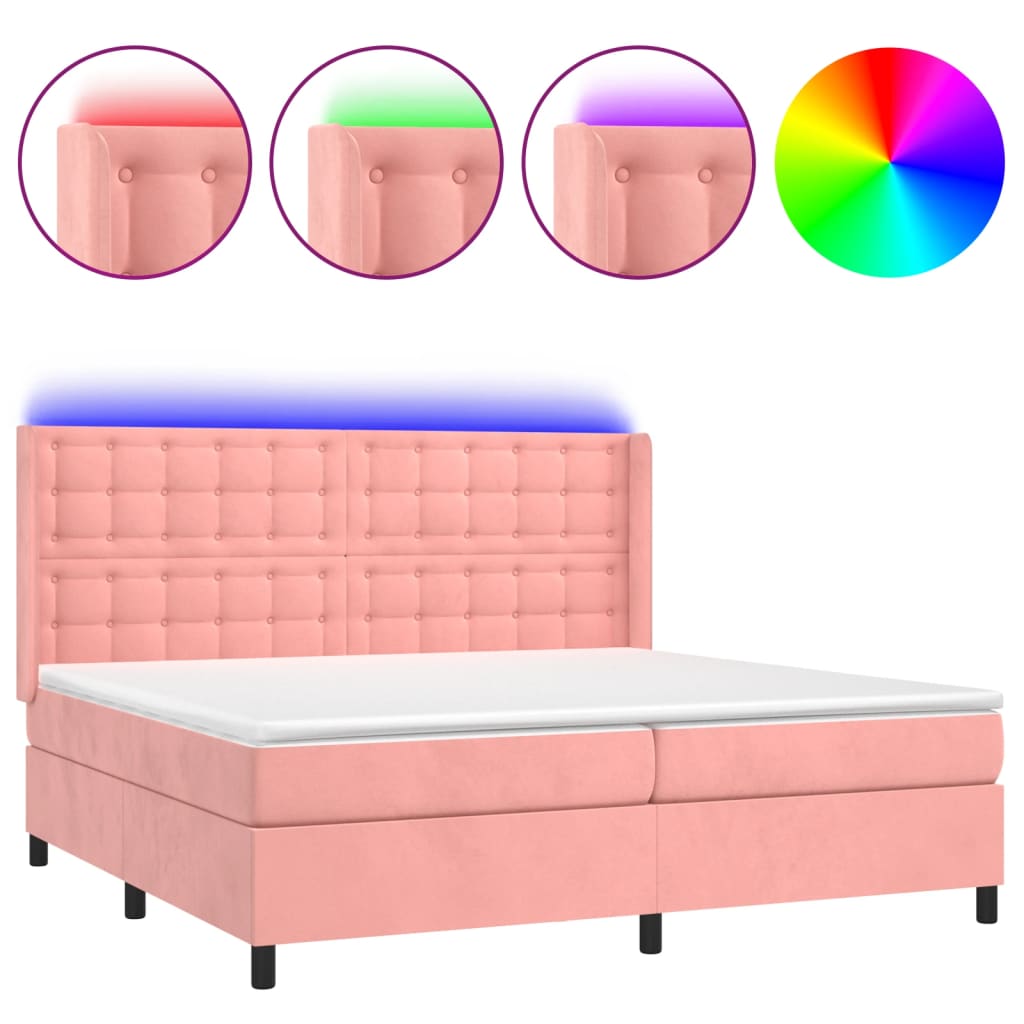 Cama box spring colchón y led terciopelo rosa 200x200 cm botones