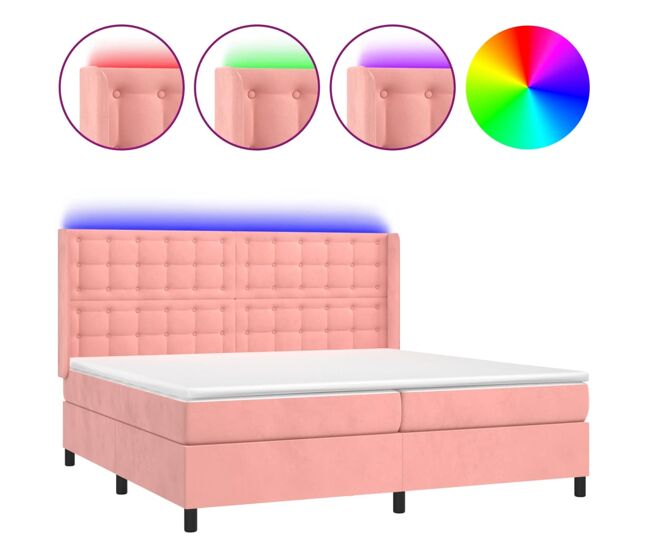 Cama box spring colchón y led terciopelo rosa 200x200 cm botones