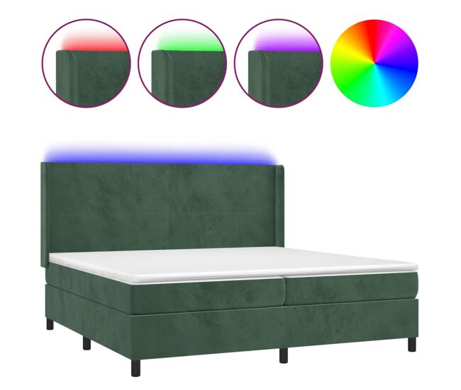Cama box spring colchón y led terciopelo verde oscuro 200x200cm diseño plano