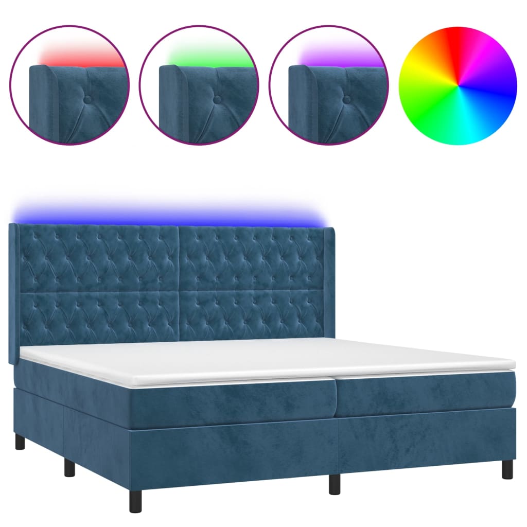 Cama box spring colchón y led terciopelo azul oscuro 200x200 cm diseño de botones