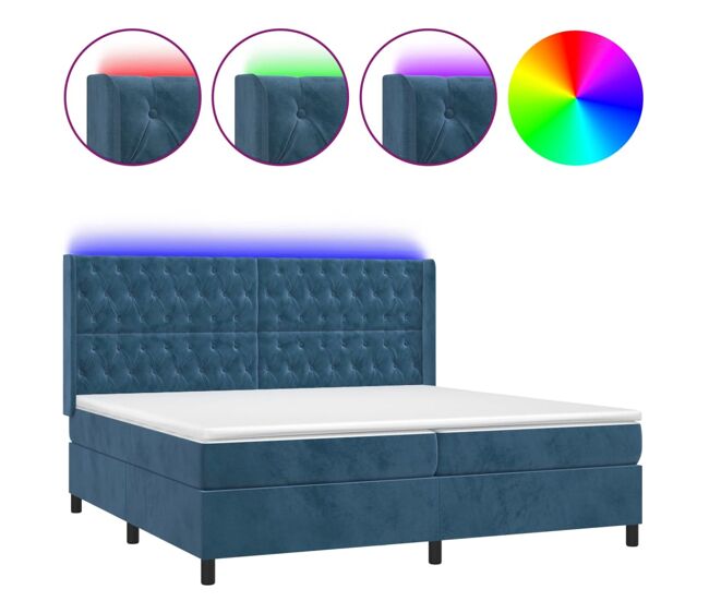 Cama box spring colchón y led terciopelo azul oscuro 200x200 cm diseño de botones