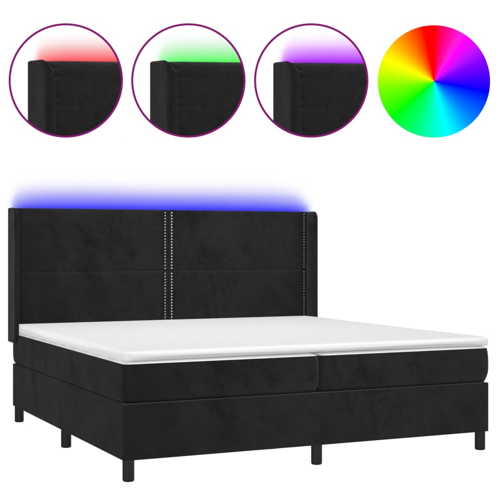 Cama box spring colchón y LED terciopelo - Liso con clavos 200x200 Negro