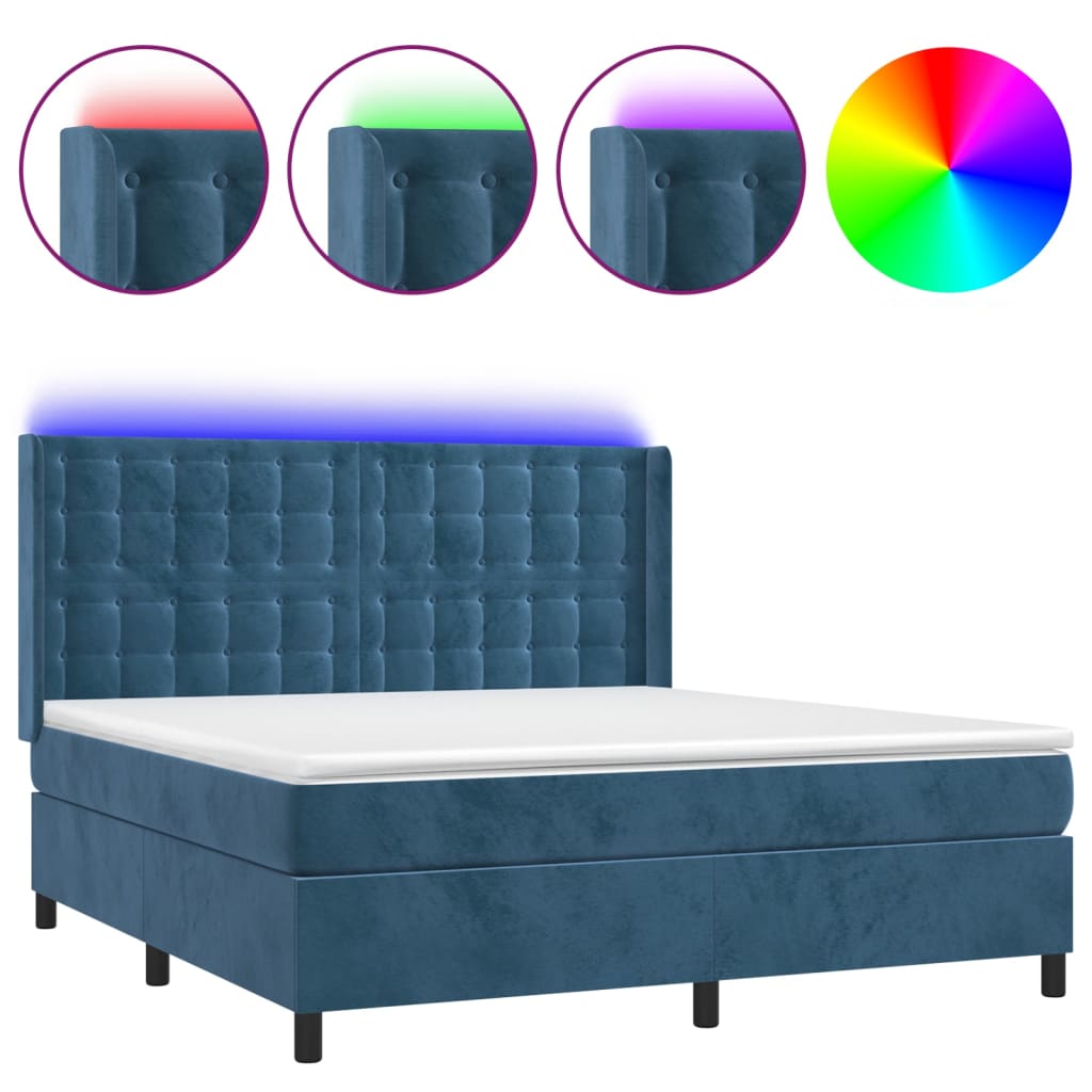 Cama box spring colchón y led terciopelo azul oscuro 160x200 cm botones