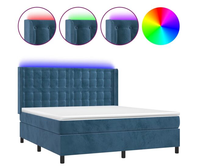 Cama box spring colchón y led terciopelo azul oscuro 160x200 cm botones