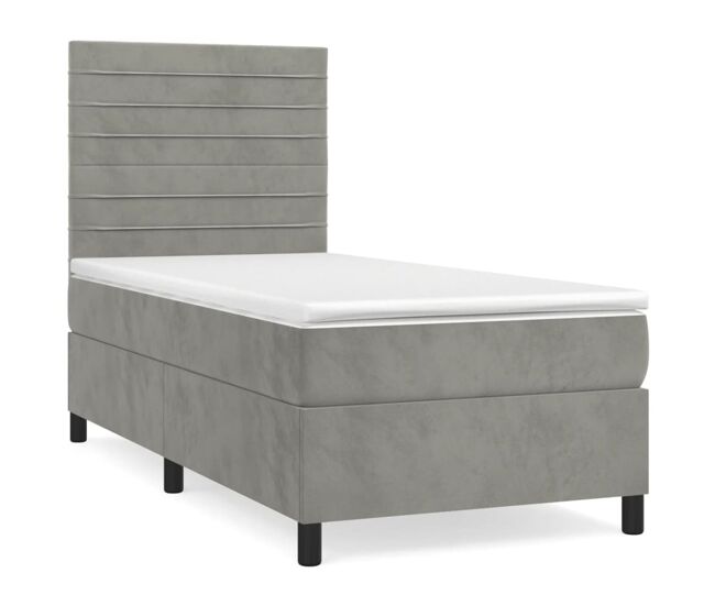 Cama box spring con colchón terciopelo gris claro 100x200 cm rayas horizontales